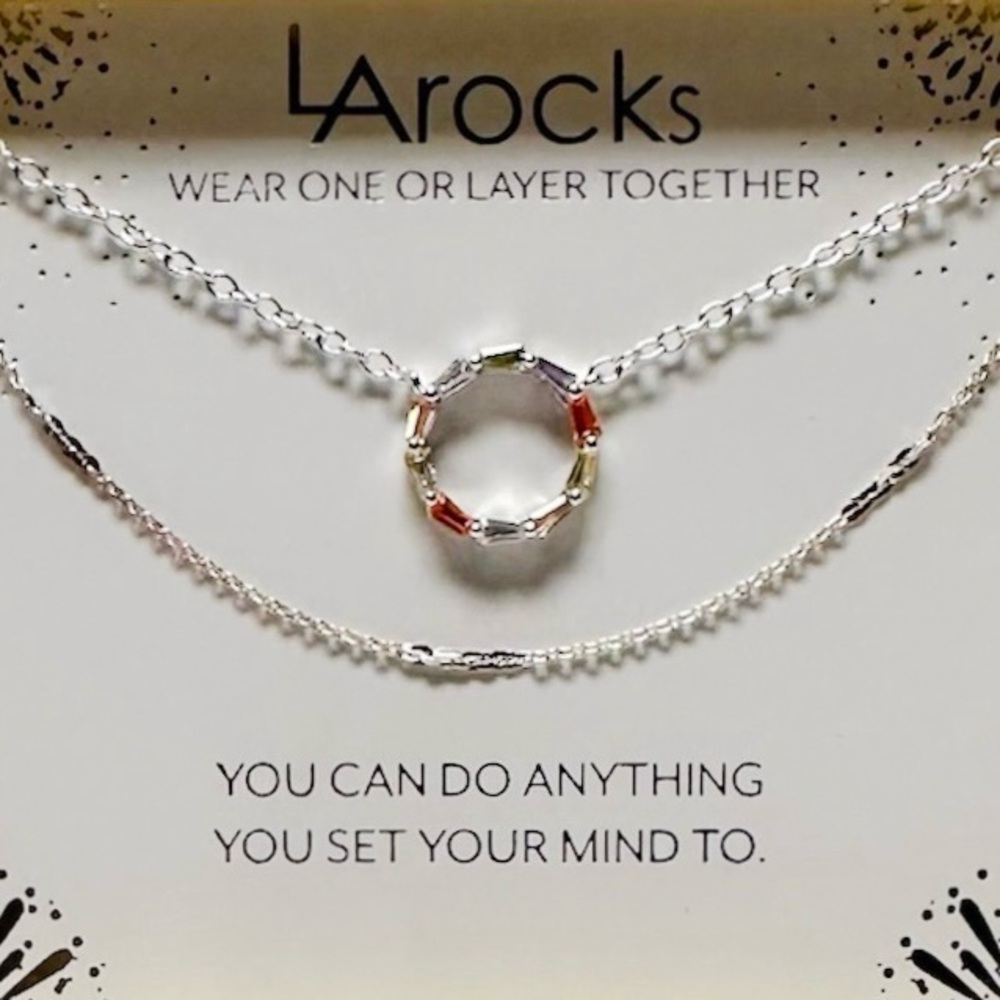 LA Rocks Multi-Color CZ Circle Pendant And Station Chain Necklace Set